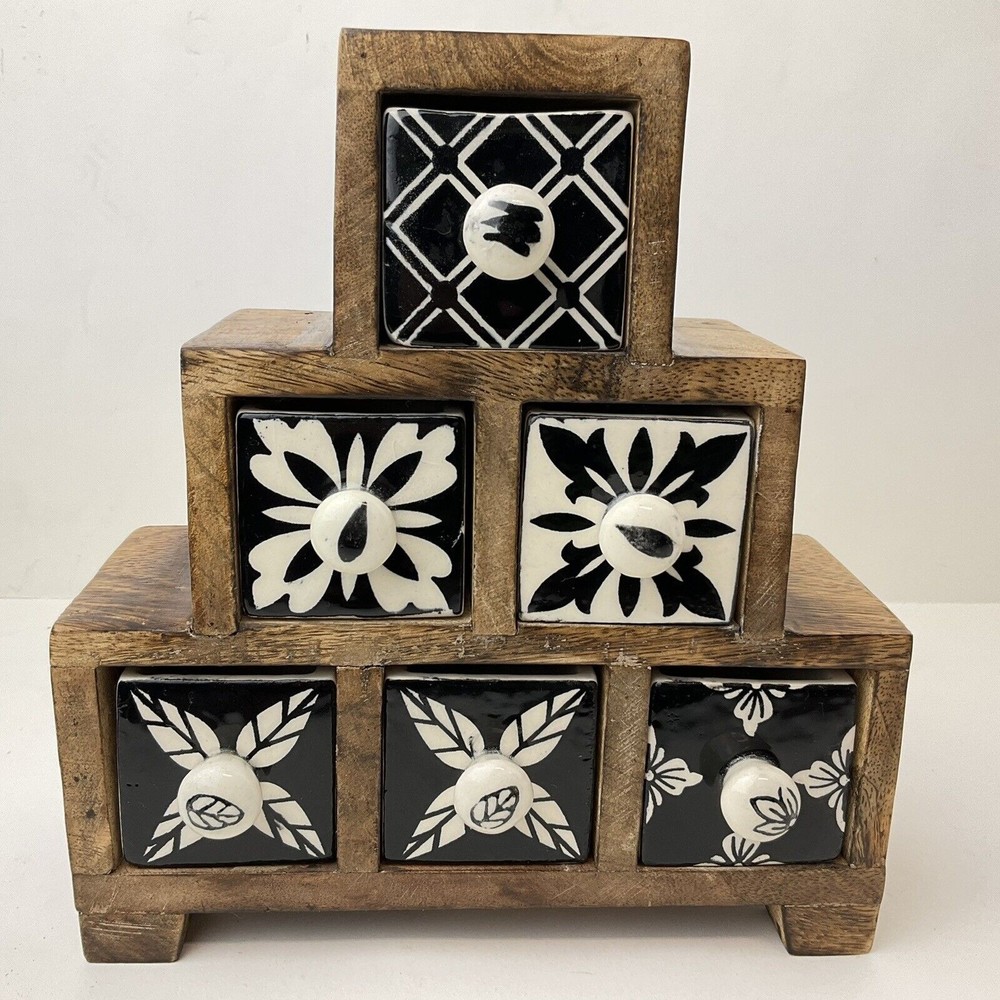 Ceramic And Wood 6 Drawer Spice Herb Cabinet Apothecary Chest Pyramid Shape Rare